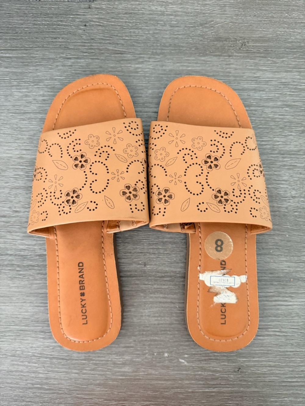 Lucky Brand Tan Floral Laser-Cut Slide Sandals